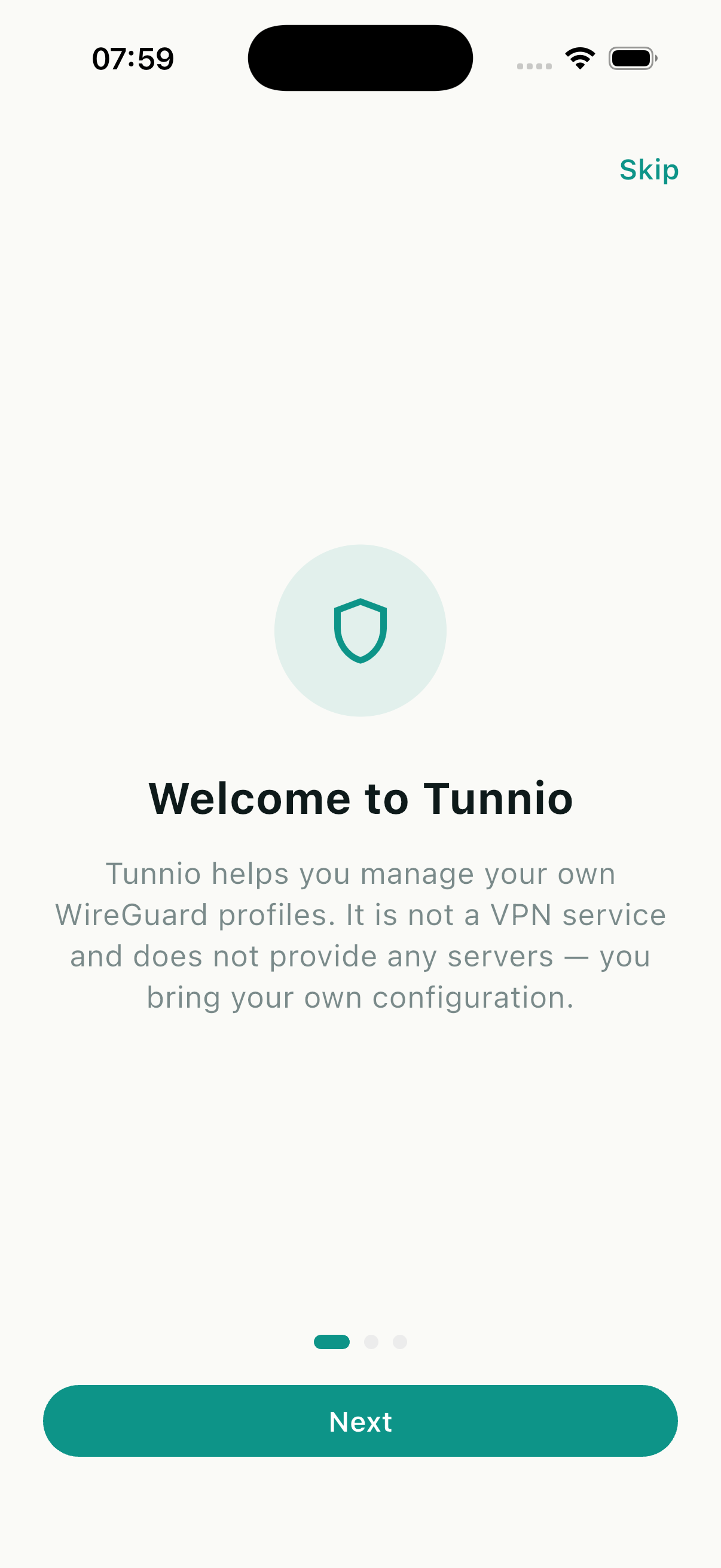 Tunnio welcome screen